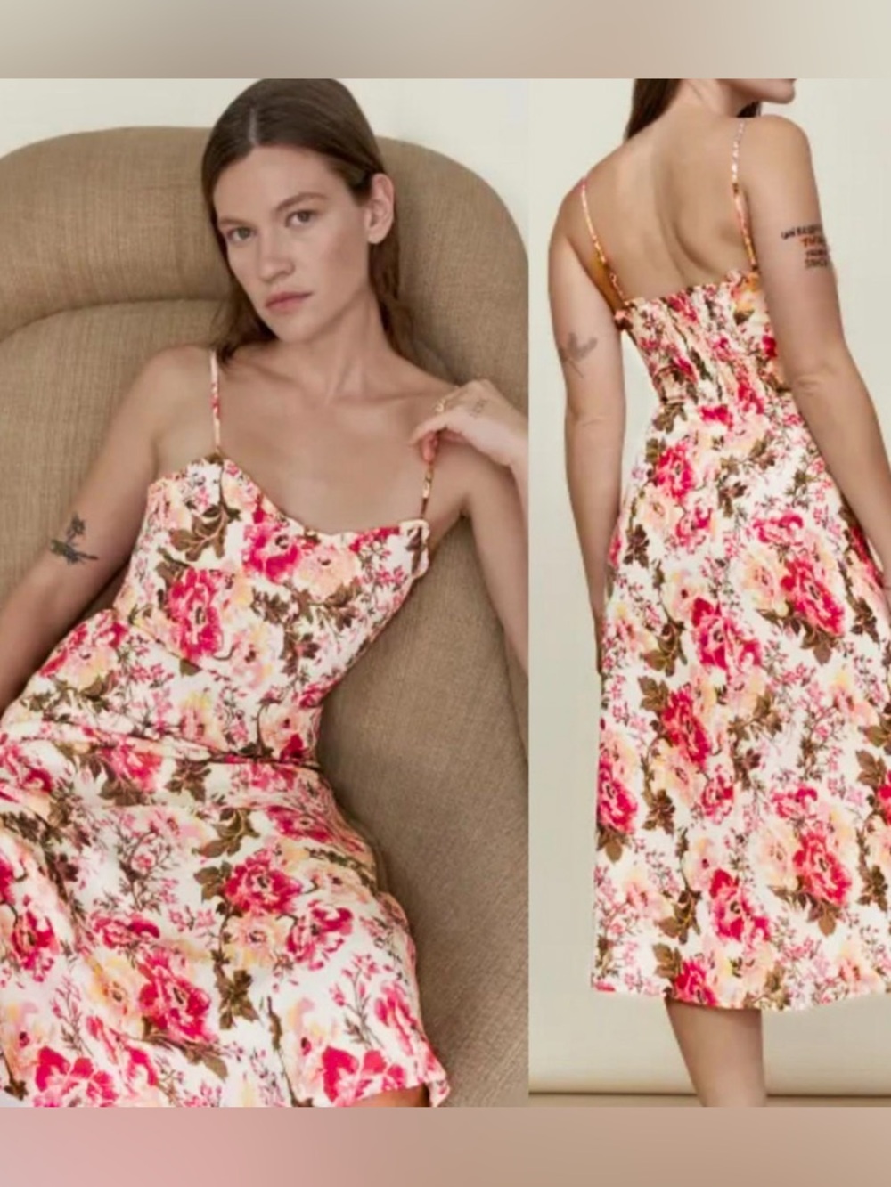 Reformation Cassandra Floral Midi Dress Cream Pink Smocked Back Size 12